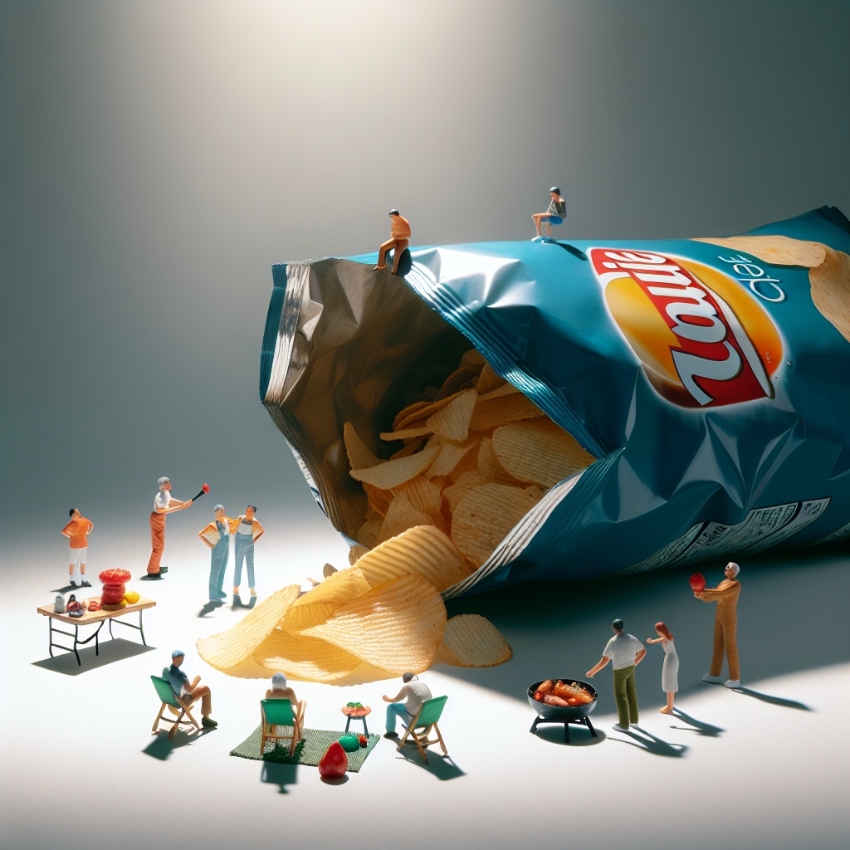 ai marketing ad for a crisps brand small figures around the food product